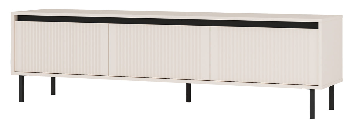 Meuble TV Osaka avec trois tiroirs et façades rainurées, 179 cm, beige sable sur pieds noirs
