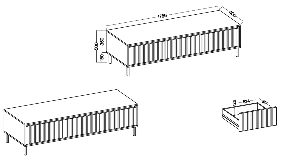 TV-Schrank Osaka mit zwei Schubladen und gerillten Fronten, 140 cm, sandbeige auf schwarzen Beinen