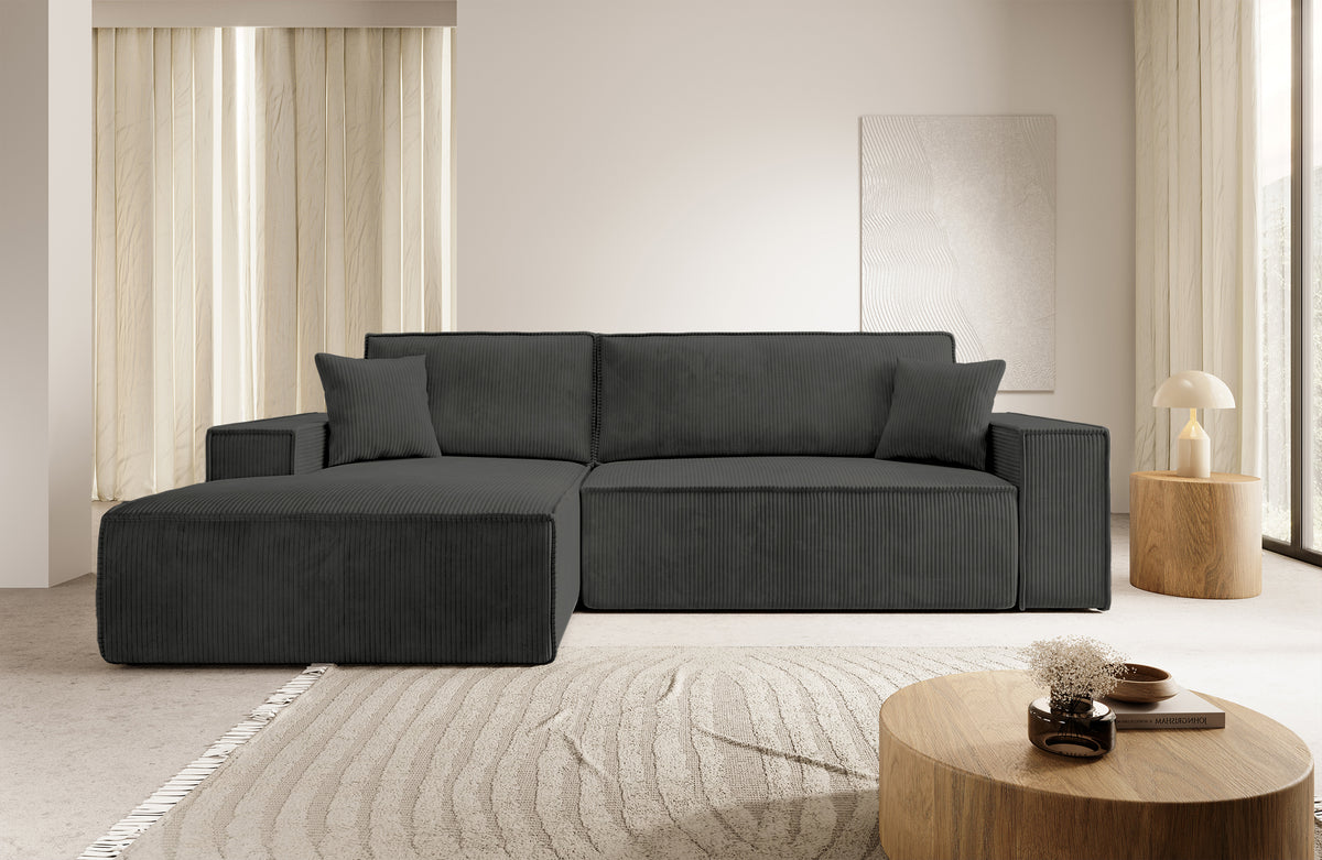 Canapé d'angle avec fonction couchage Farese New en velours côtelé gris foncé, côté gauche, avec rangement