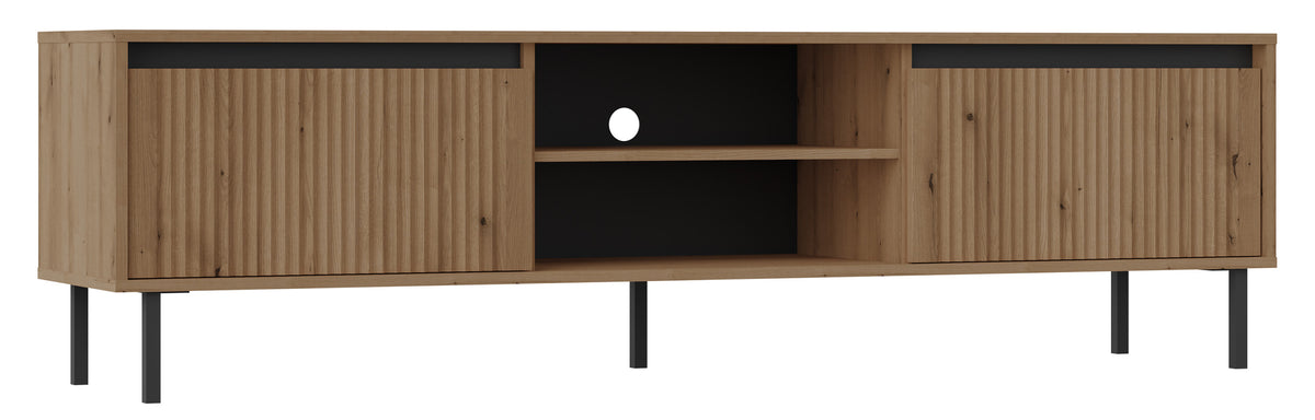 Meuble TV Osaka avec deux tiroirs et une étagère 179 cm chêne Evoke sur pieds noirs