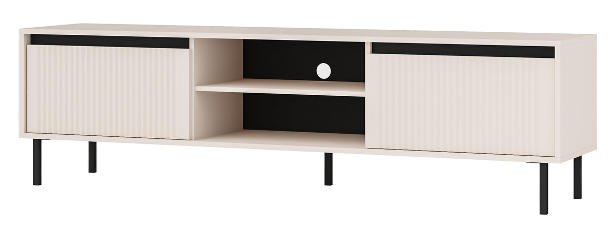 Meuble TV Osaka avec deux tiroirs et une étagère 179 cm beige sable sur pieds noirs