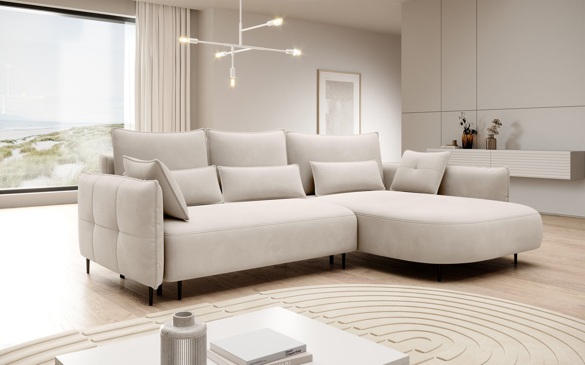 Canapé d'angle Oblivio avec fonction couchage, forme en L, avec rangement, velours crème hydrofuge, version droite