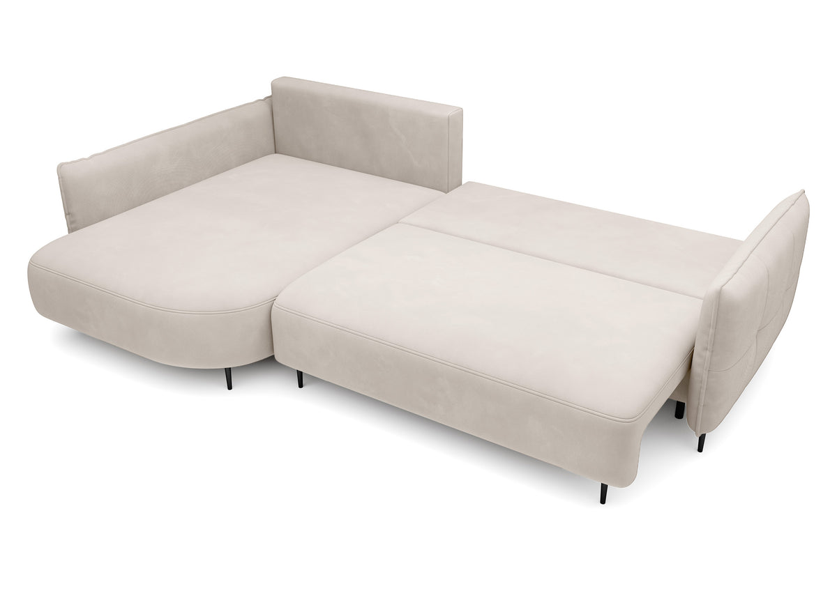 Canapé d'angle Oblivio avec fonction couchage en L, coffre de rangement, velours crème hydrofuge, version gauche