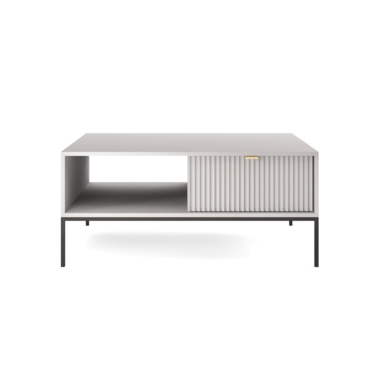 Table basse Vellore 104x68 cm grise avec façade rainurée et poignée dorée