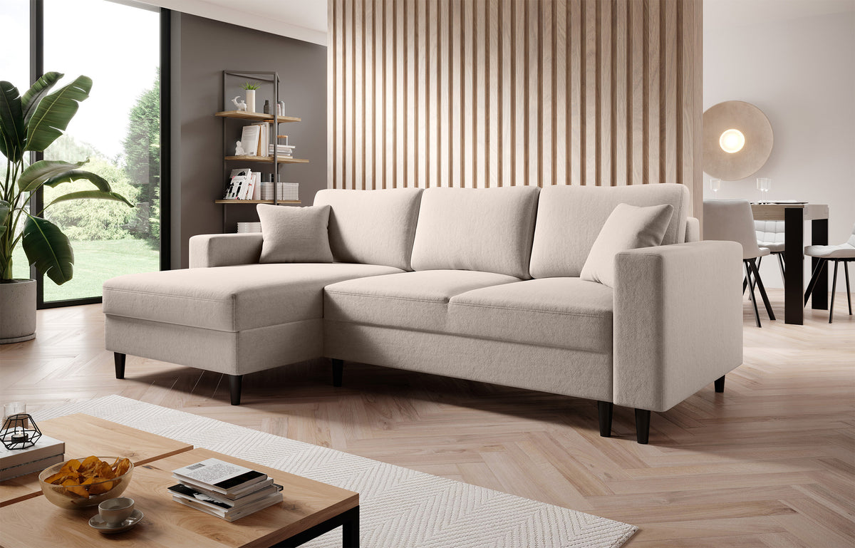 Canapé d'angle avec fonction couchage Nalika en L, avec coffre de rangement, velours hydrofuge crème, version gauche