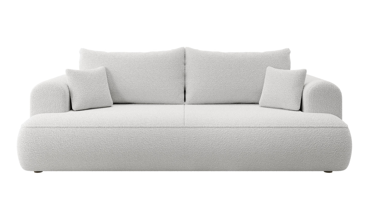 Dreisitziges ausklappbares Sofa Ovo mit Stauraum, grauer Bouclé-Stoff