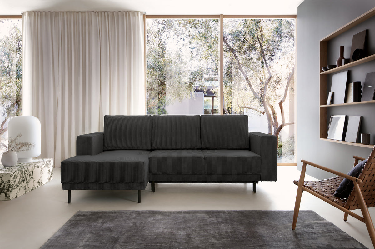 Canapé d'angle avec fonction couchage Rodario mini en L, velours côtelé gris foncé, coffre de rangement, orientation gauche
