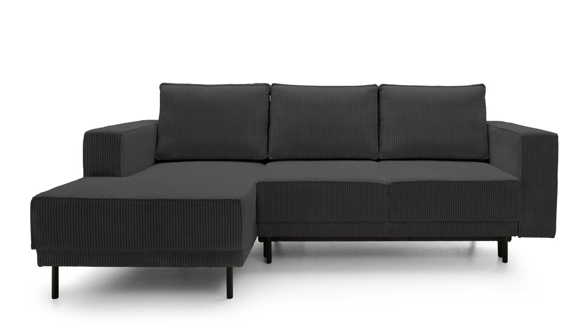 Canapé d'angle avec fonction couchage Rodario mini en L, velours côtelé gris foncé, coffre de rangement, orientation gauche