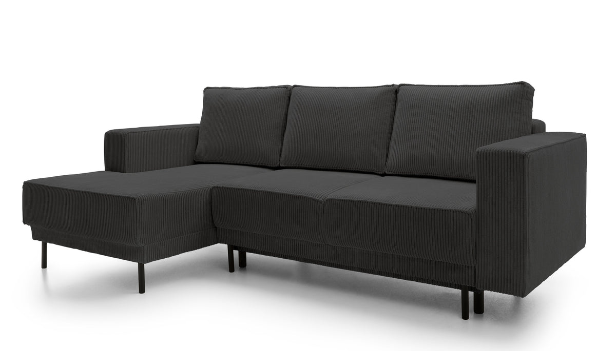 Canapé d'angle avec fonction couchage Rodario mini en L, velours côtelé gris foncé, coffre de rangement, orientation gauche