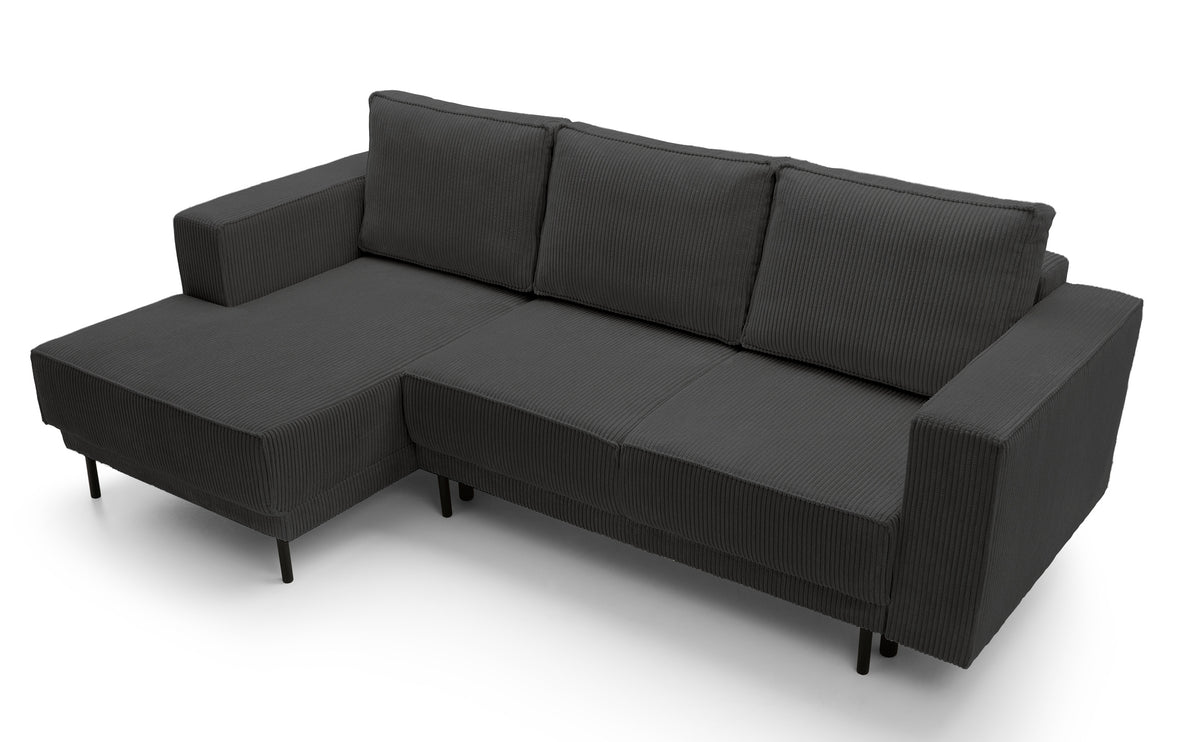 Canapé d'angle avec fonction couchage Rodario mini en L, velours côtelé gris foncé, coffre de rangement, orientation gauche