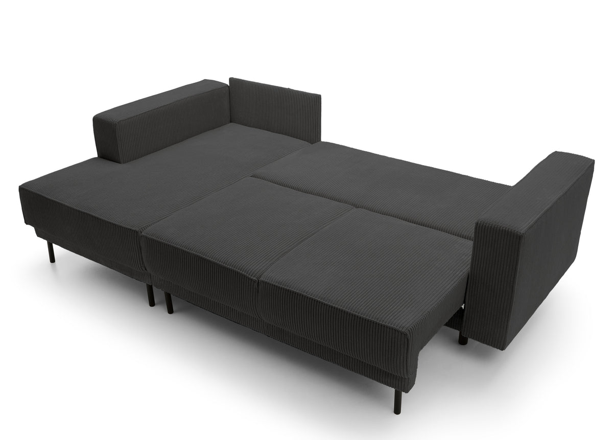 Canapé d'angle avec fonction couchage Rodario mini en L, velours côtelé gris foncé, coffre de rangement, orientation gauche