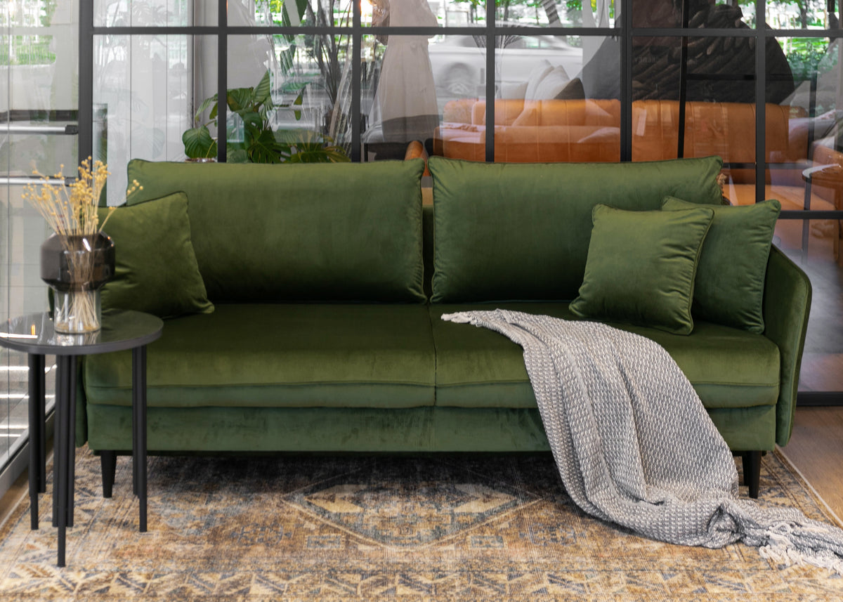 Canapé convertible 3 places Volio velours olive hydrofuge pieds noirs