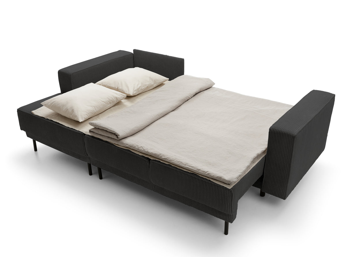 Canapé d'angle avec fonction couchage Rodario mini en L, velours côtelé gris foncé, coffre de rangement, orientation gauche