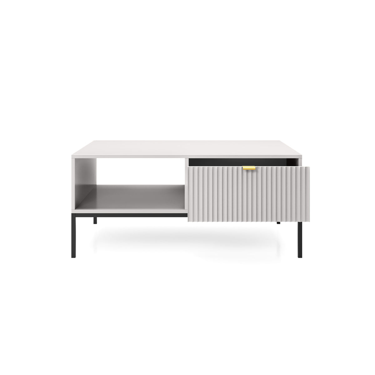 Table basse Vellore 104x68 cm grise avec façade rainurée et poignée dorée
