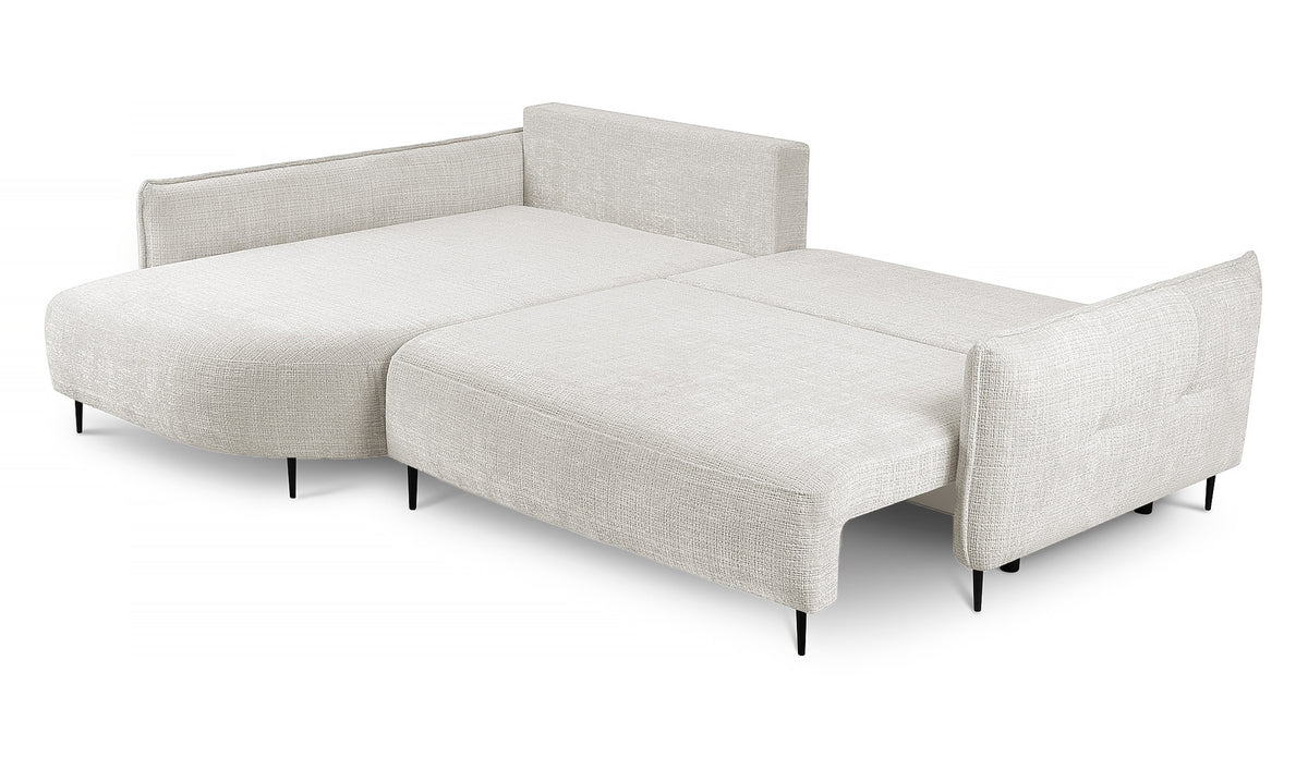 Canapé d'angle Oblivio avec fonction couchage, forme en L, avec coffre de rangement, tissu chenille crème, version gauche