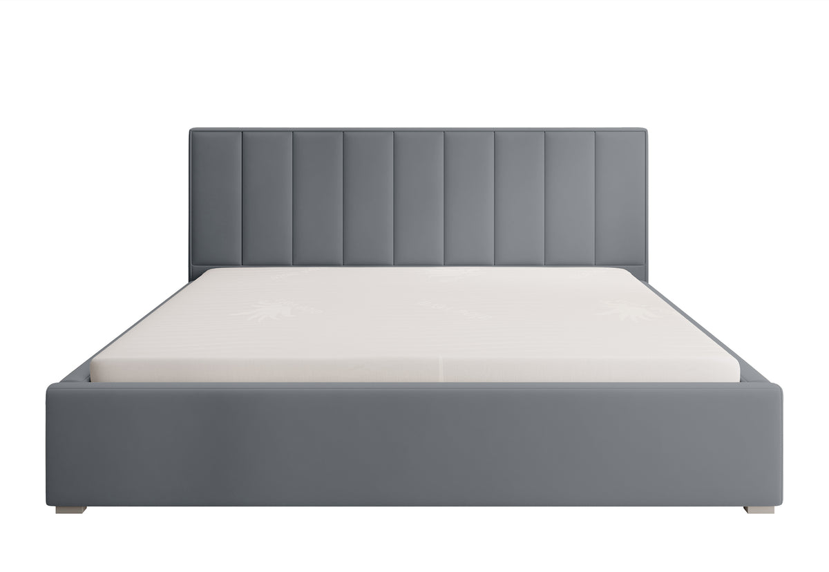 Lit tapissé 160x200 cm Rinus avec rangement gris en tissu hydrofuge