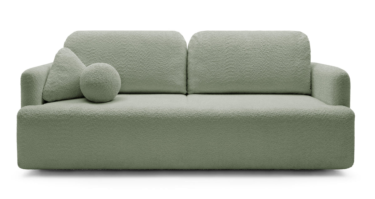 Dreisitziges ausklappbares Sofa Lambina mit Stauraum, Salbeigrüner Bouclé-Bezug