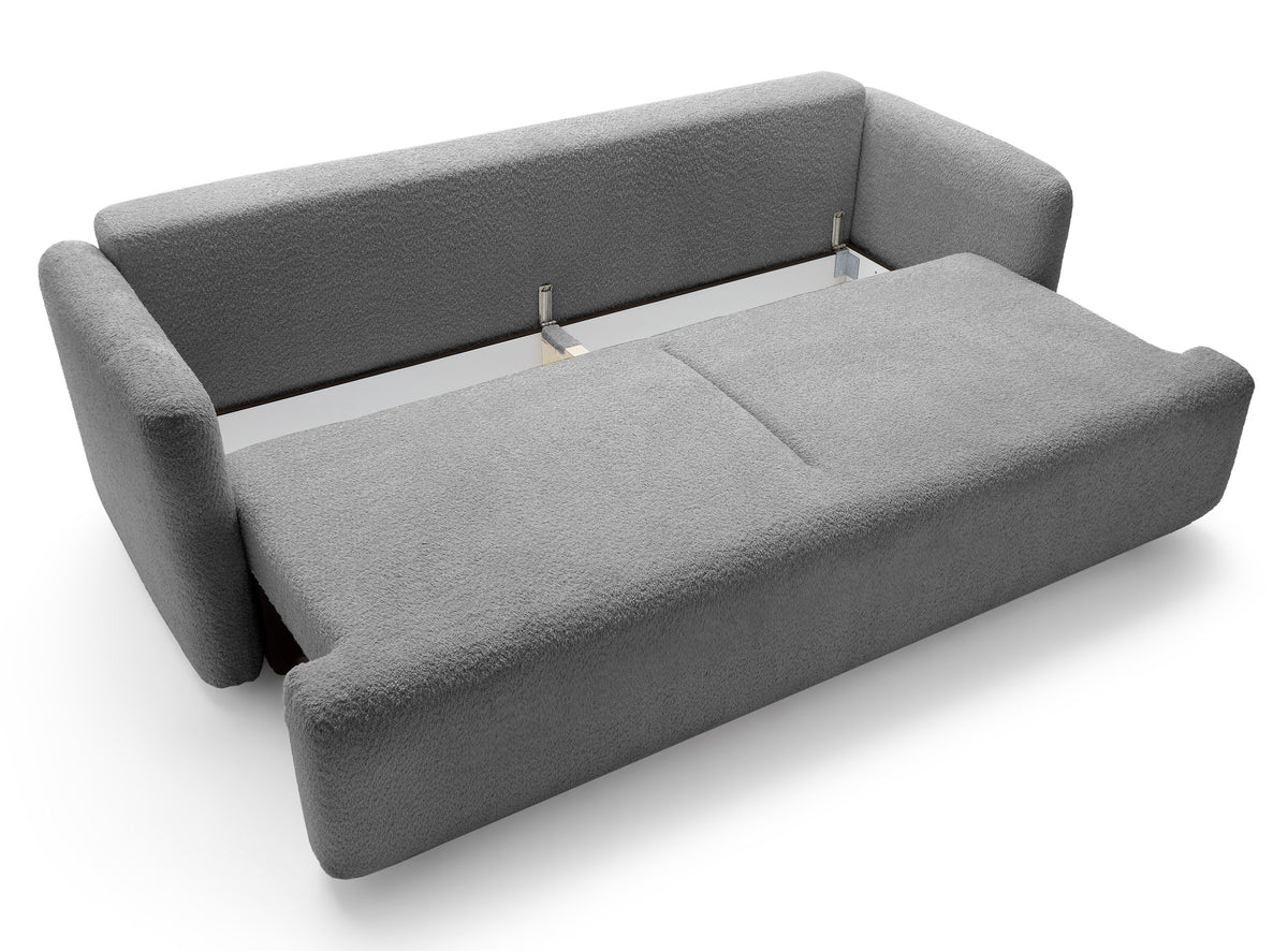 Dreisitziges ausklappbares Sofa Lambina mit Stauraum, graues Bouclé