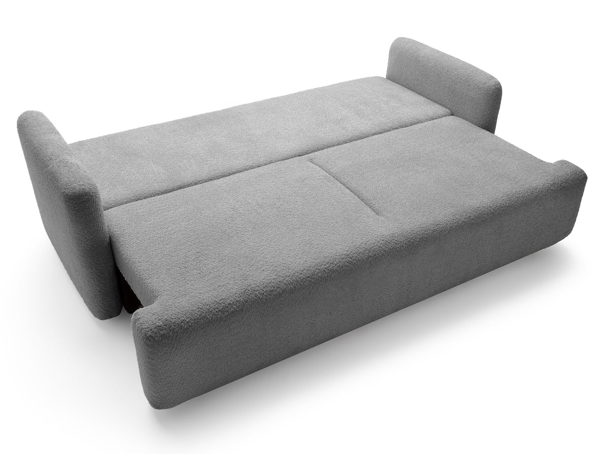 Dreisitziges ausklappbares Sofa Lambina mit Stauraum, graues Bouclé