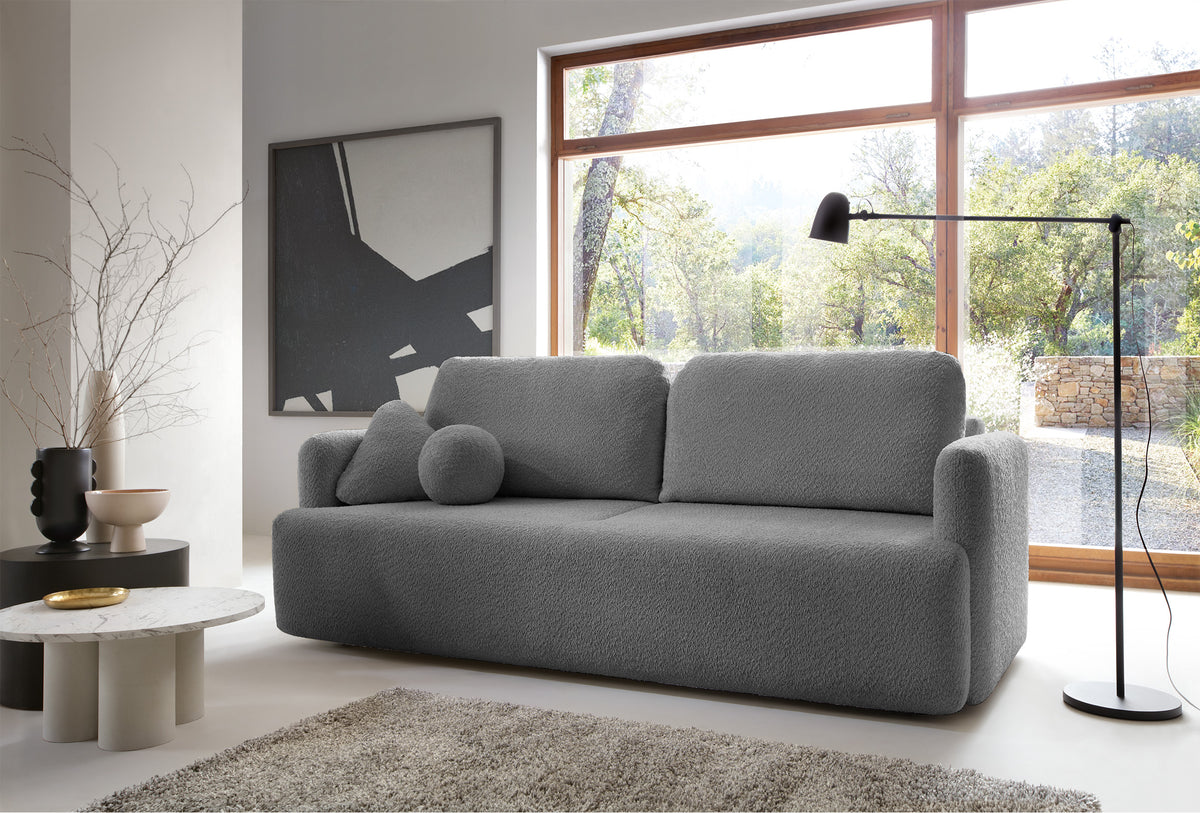Dreisitziges ausklappbares Sofa Lambina mit Stauraum, graues Bouclé