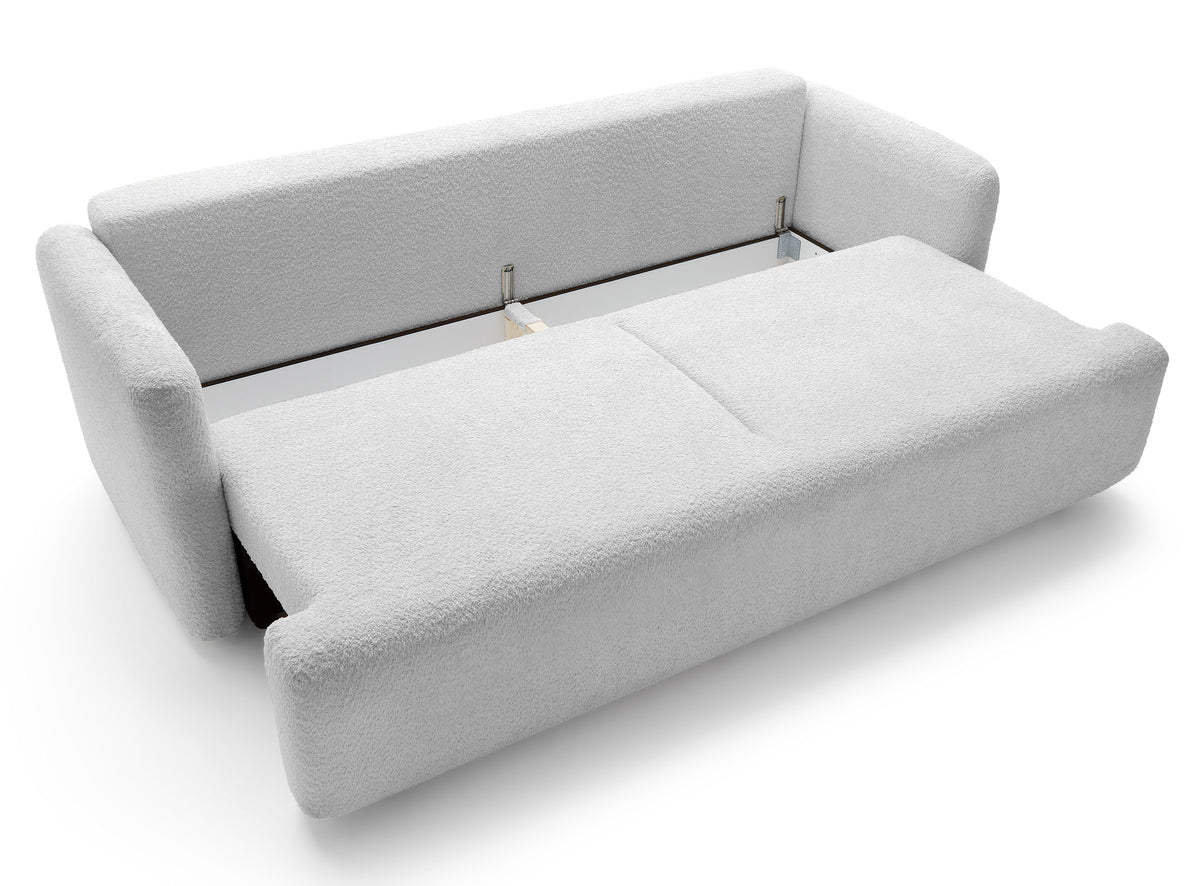 Dreisitziges ausklappbares Sofa Lambina mit Stauraum, hellgrauer Bouclé-Stoff