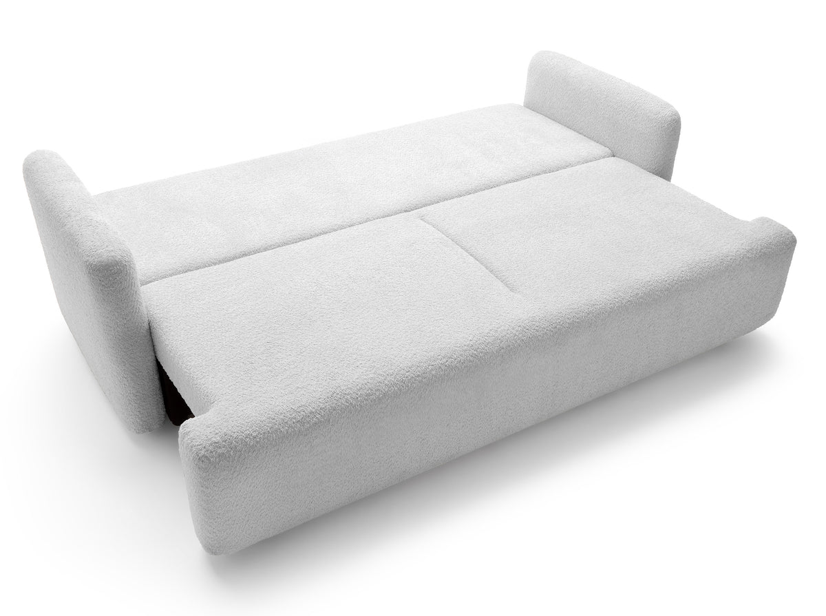 Dreisitziges ausklappbares Sofa Lambina mit Stauraum, hellgrauer Bouclé-Stoff