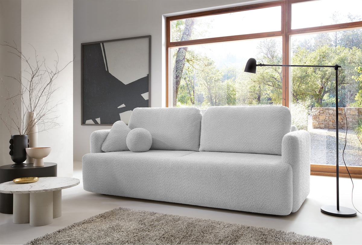 Dreisitziges ausklappbares Sofa Lambina mit Stauraum, hellgrauer Bouclé-Stoff