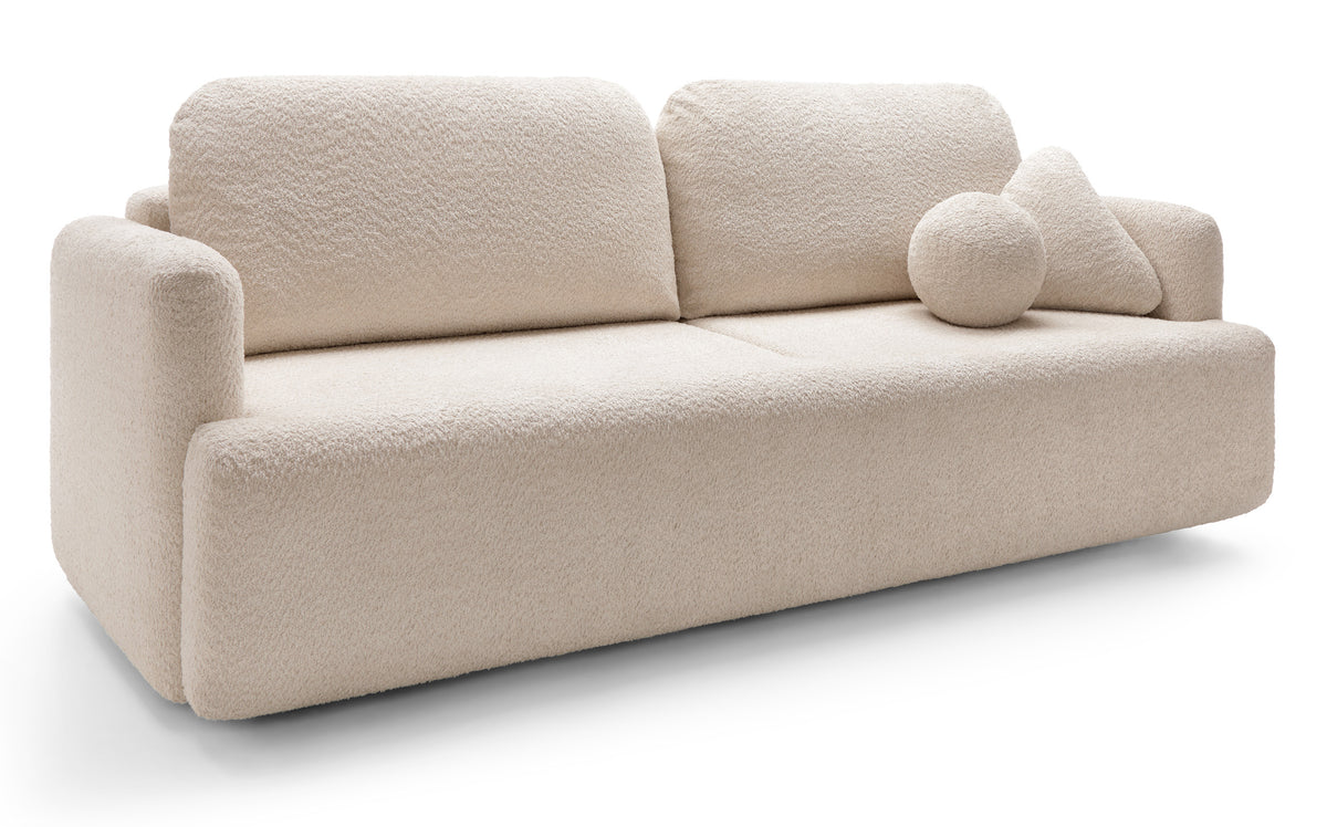 Dreisitziges ausklappbares Sofa Lambina mit Stauraum, beige Bouclé