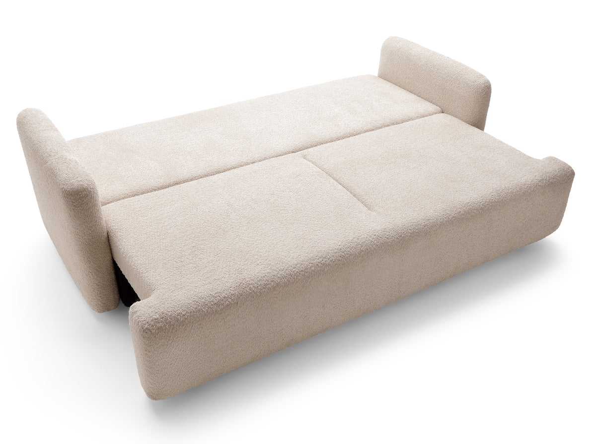 Dreisitziges ausklappbares Sofa Lambina mit Stauraum, beige Bouclé