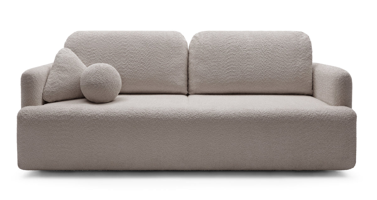 Dreisitziges ausklappbares Sofa Lambina mit Stauraum, dunkelbeige Bouclé