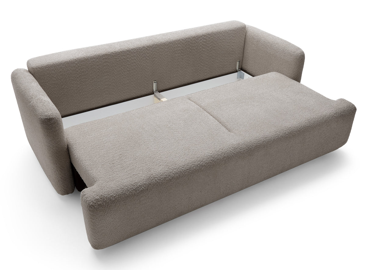 Dreisitziges ausklappbares Sofa Lambina mit Stauraum, dunkelbeige Bouclé