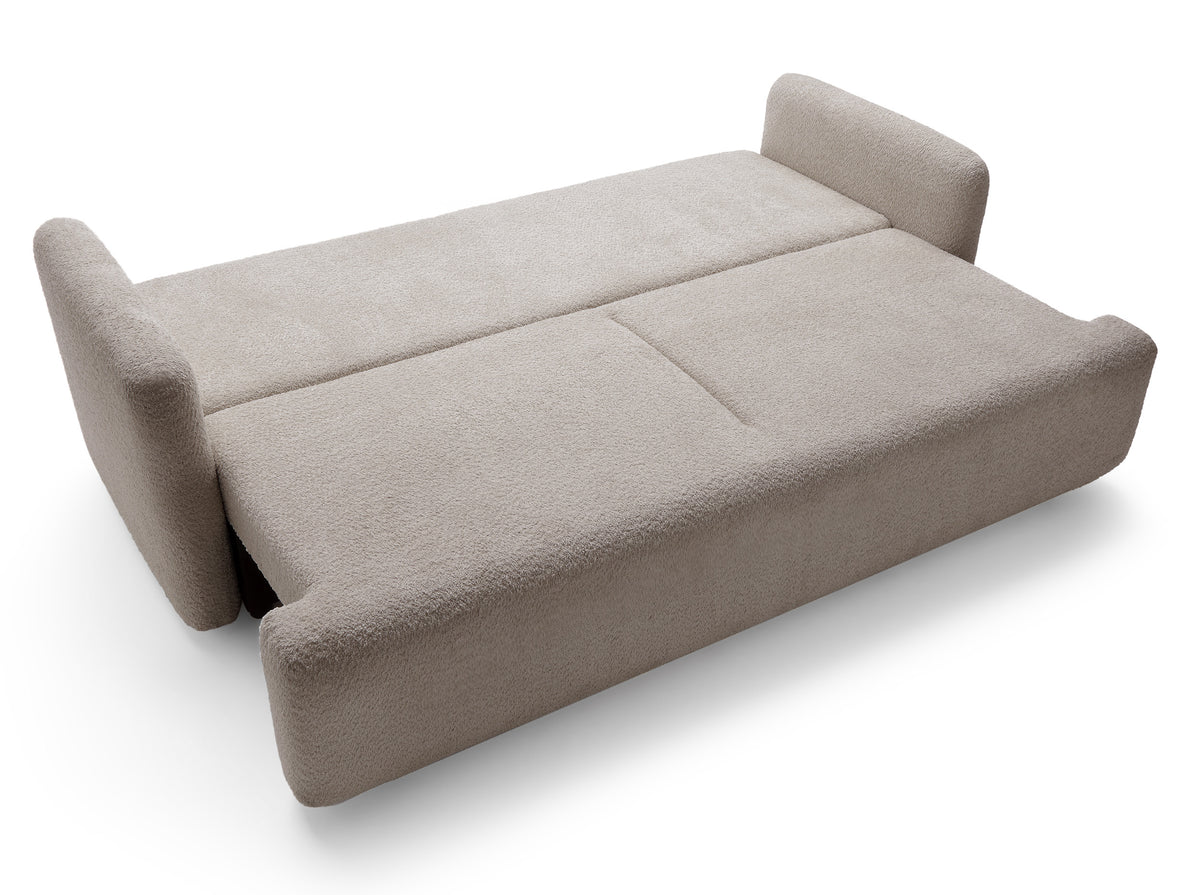 Dreisitziges ausklappbares Sofa Lambina mit Stauraum, dunkelbeige Bouclé