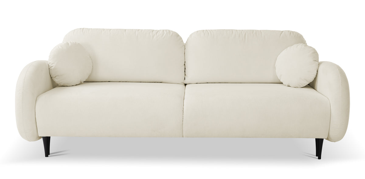 Ausklappbare Bafra Couch mit Schlaffunktion und Bettkasten, cremefarbener Cordstoff