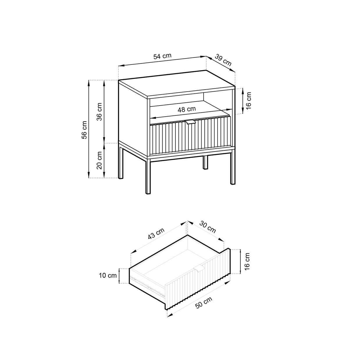 Table de chevet Vellore 54 cm grise avec façade rainurée et structure dorée