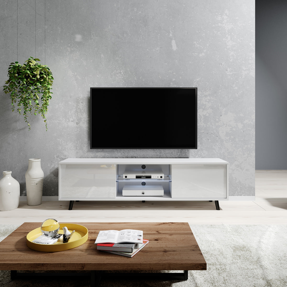 Meuble TV Lefyr 140 cm Blanc mat / Blanc brillant