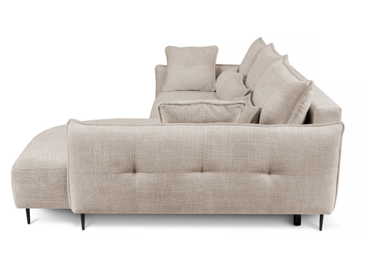 Canapé d'angle Oblivio avec fonction couchage, forme en L, rangement, tissu chenille beige clair, côté droit