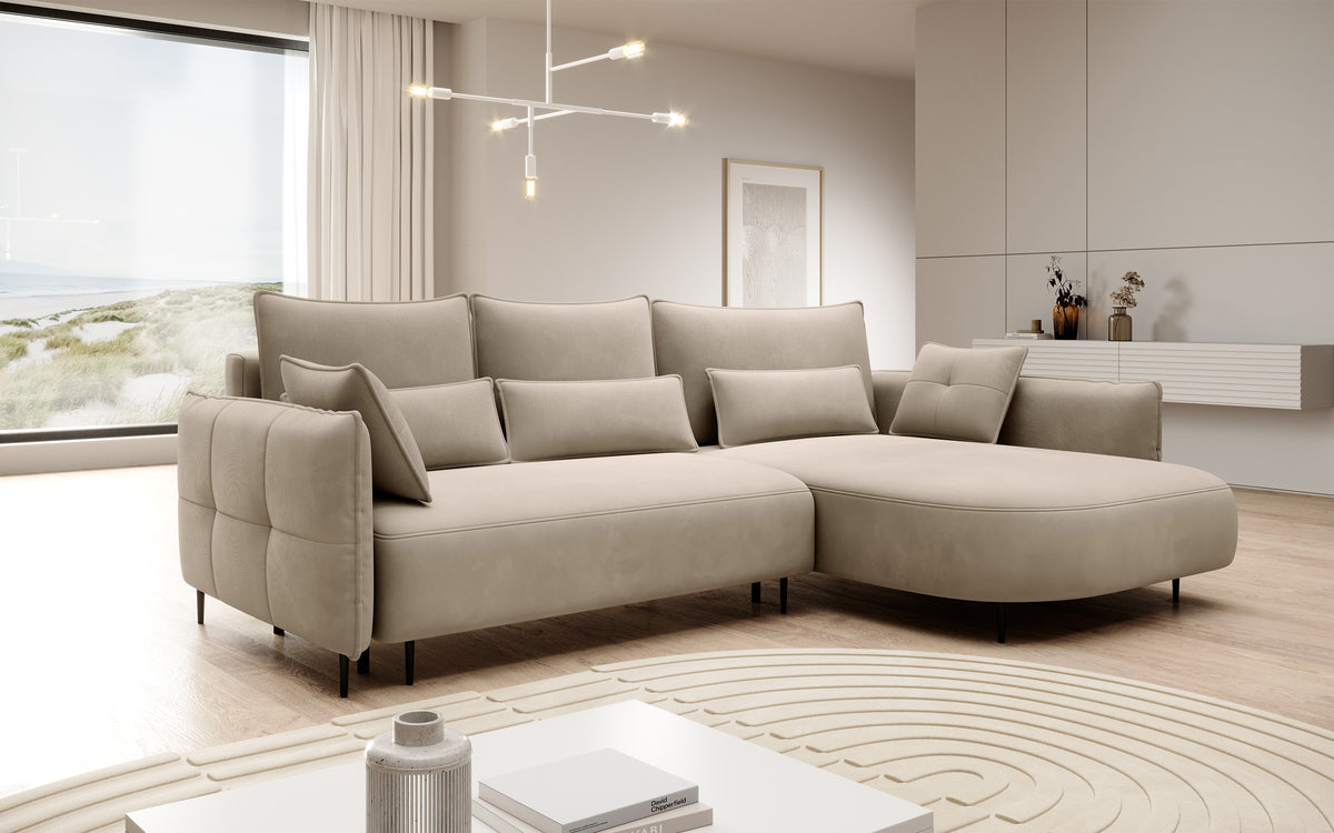 Canapé d'angle Oblivio avec fonction couchage, forme en L, coffre de rangement, velours beige clair, côté droit, hydrofuge