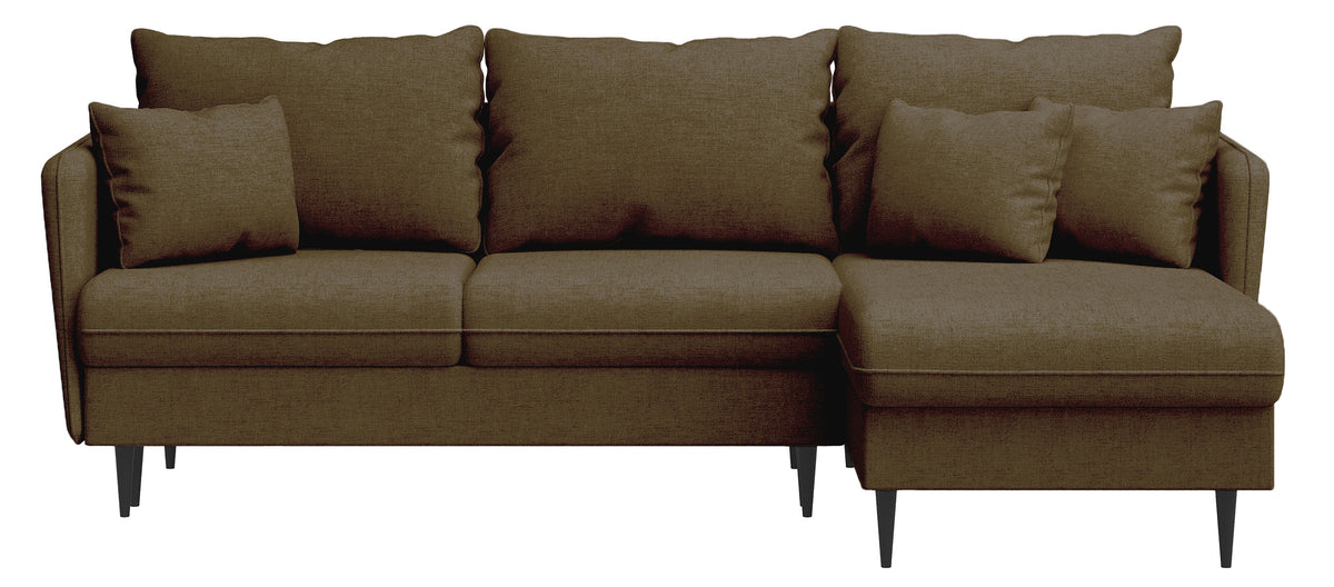 Canapé d'angle Volio L avec fonction couchage, tissu chenille olive, pieds noirs