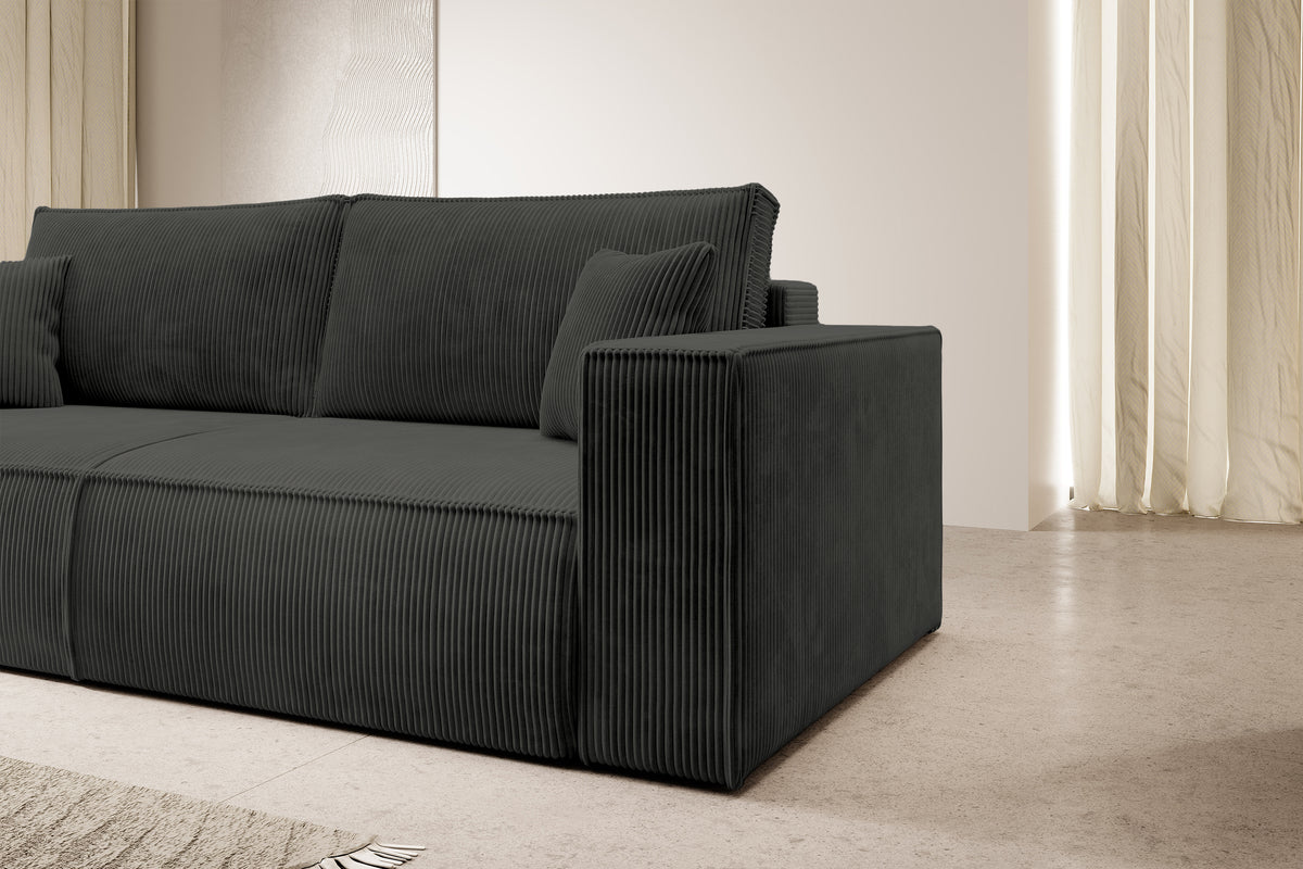 Dreisitziges ausklappbares Sofa Farese mit Stauraum, dunkelgrauer Cordstoff