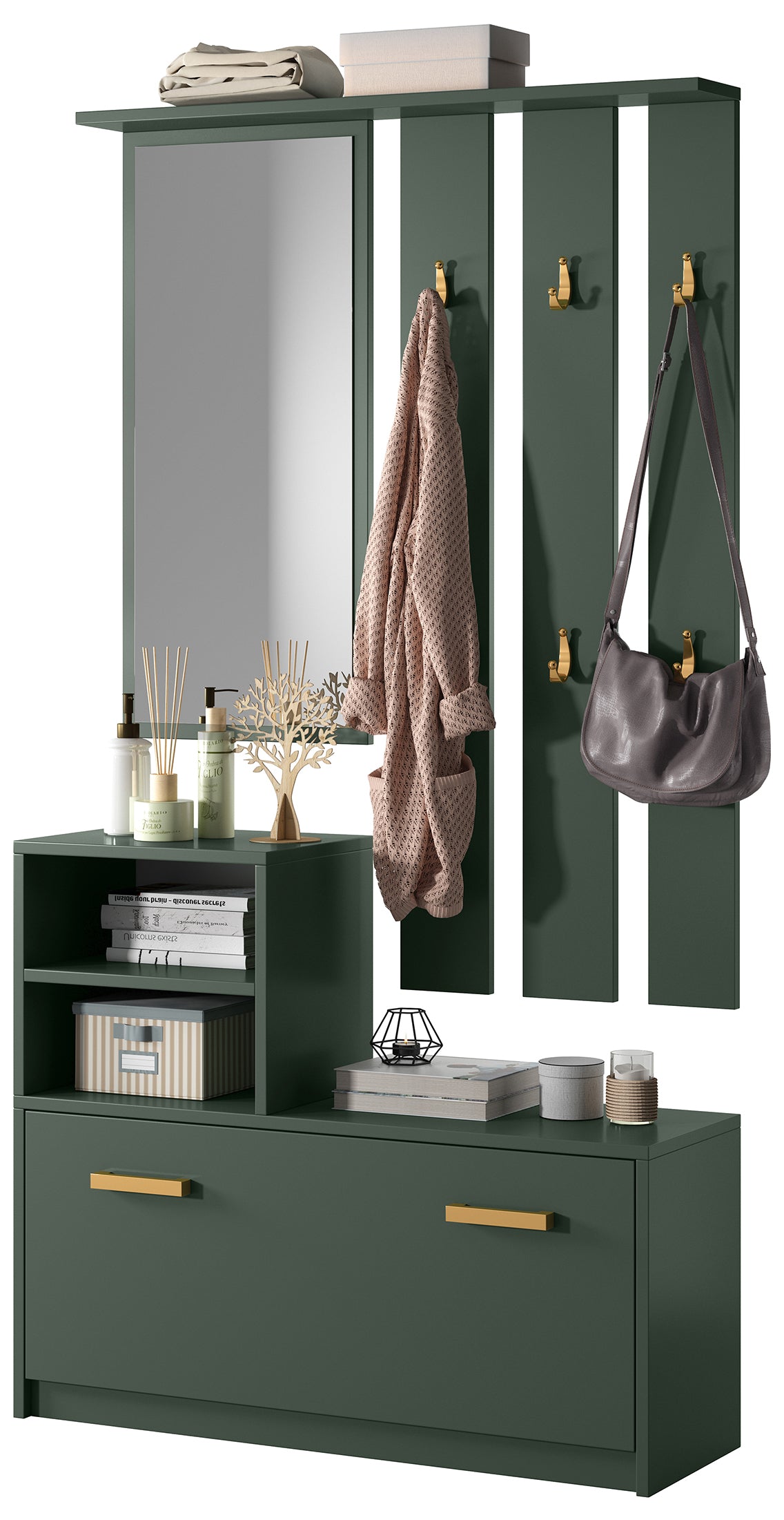 Ensemble d'entrée Yesfir vert bouteille avec miroir, patères, étagères et meuble à chaussures
