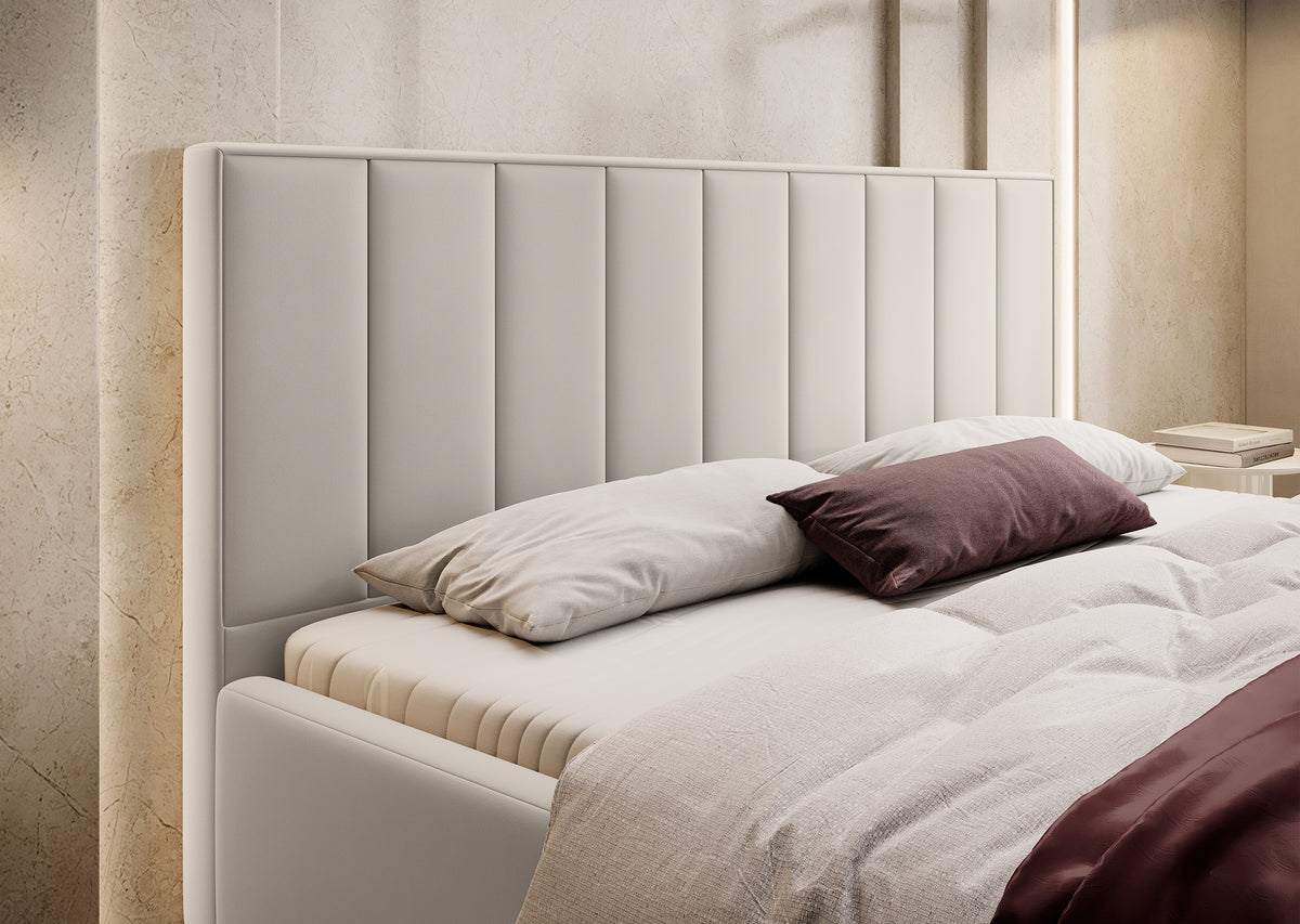 Lit tapissé 140x200 cm Rinus avec rangement, crème en tissu hydrofuge