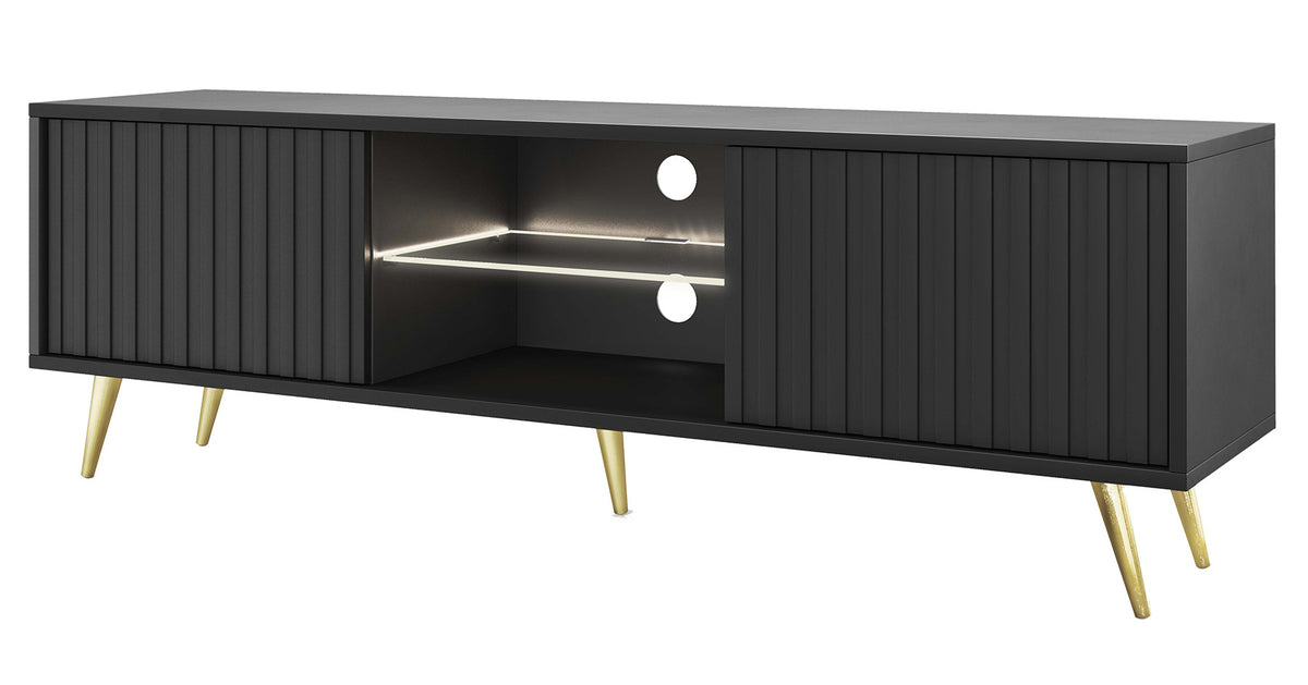 Meuble TV Bello avec façades lamellées 135 cm noir avec pieds dorés