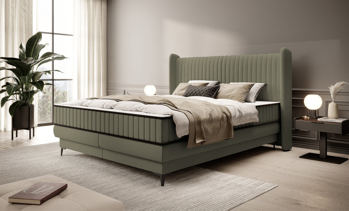 Lit continental 180x200 cm Daliano avec rangement velours olive