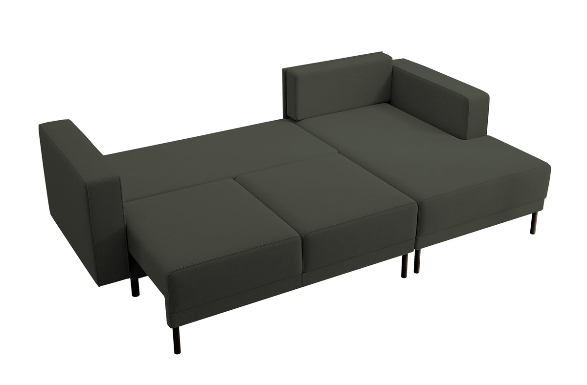 Canapé d'angle avec fonction couchage Rodario mini en L, avec rangement, velours olive facile à nettoyer, version droite