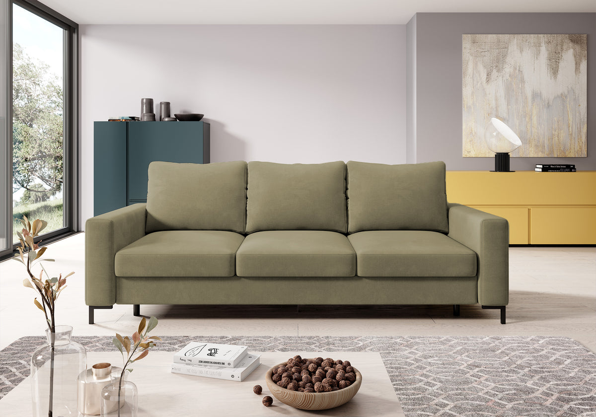 Canapé-lit 3 places Mokpeo avec coffre, velours beige foncé