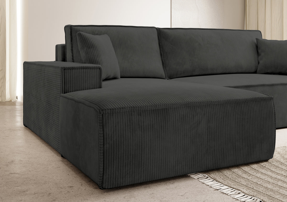 Canapé d'angle avec fonction couchage Farese New en velours côtelé gris foncé, côté gauche, avec rangement