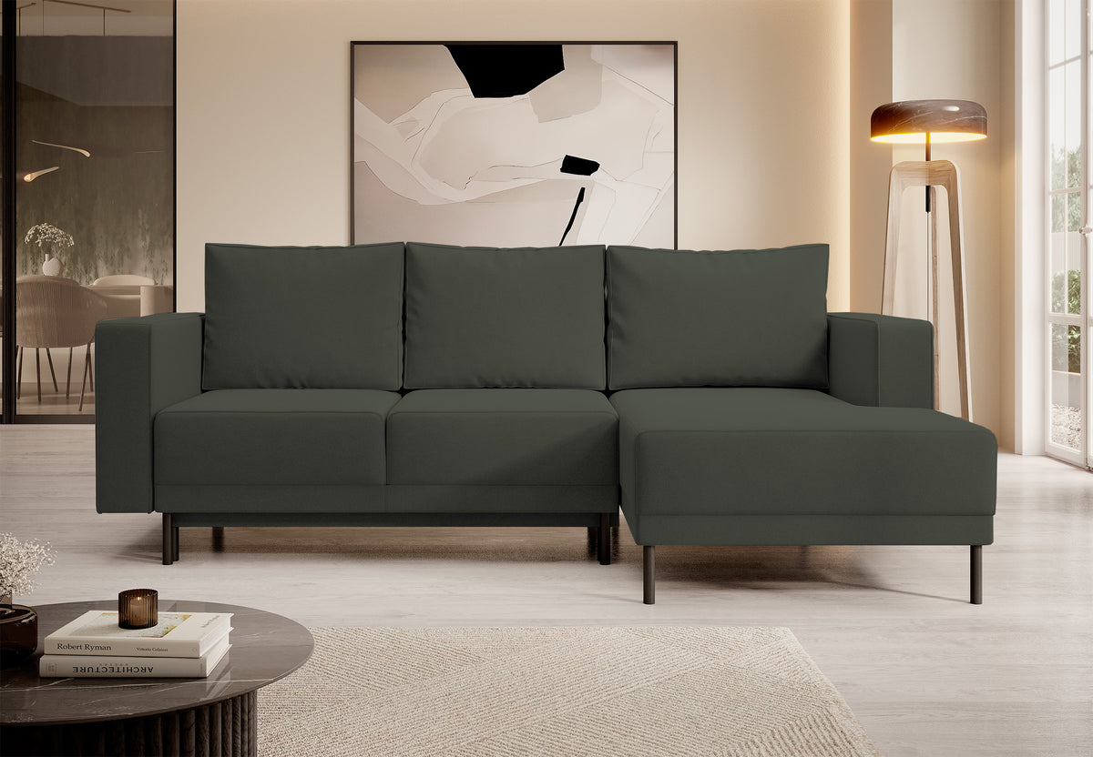 Canapé d'angle avec fonction couchage Rodario mini en L, avec rangement, velours olive facile à nettoyer, version droite