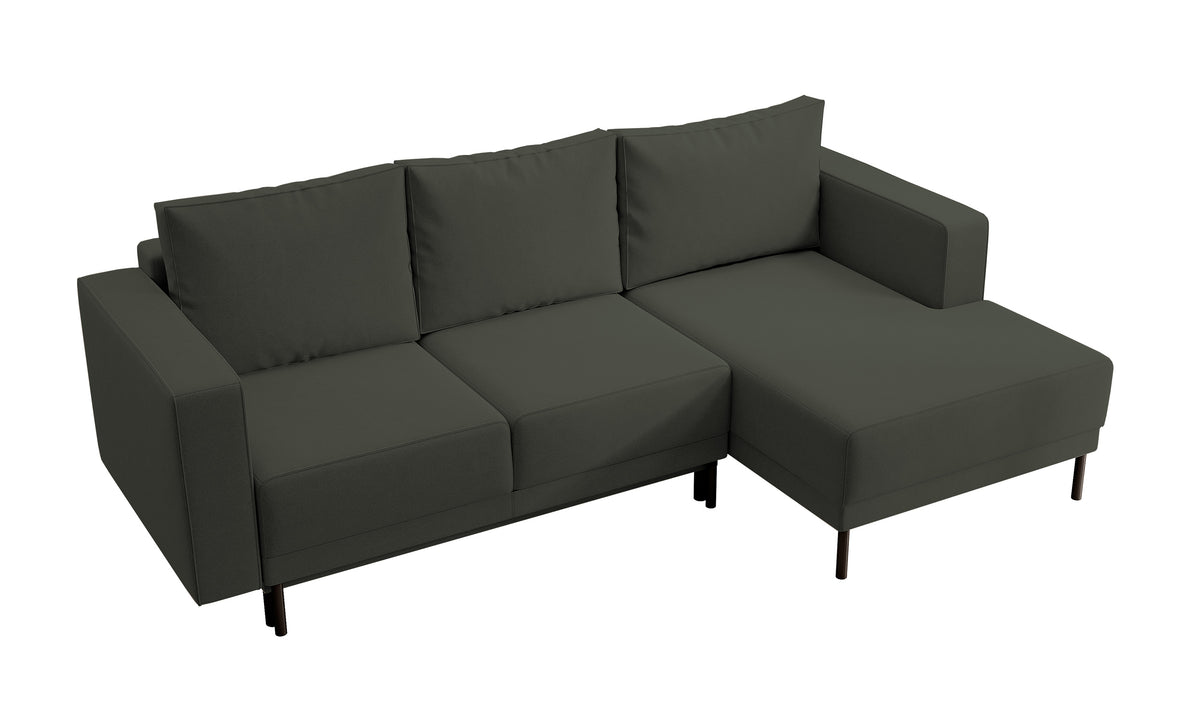 Canapé d'angle avec fonction couchage Rodario mini en L, avec rangement, velours olive facile à nettoyer, version droite