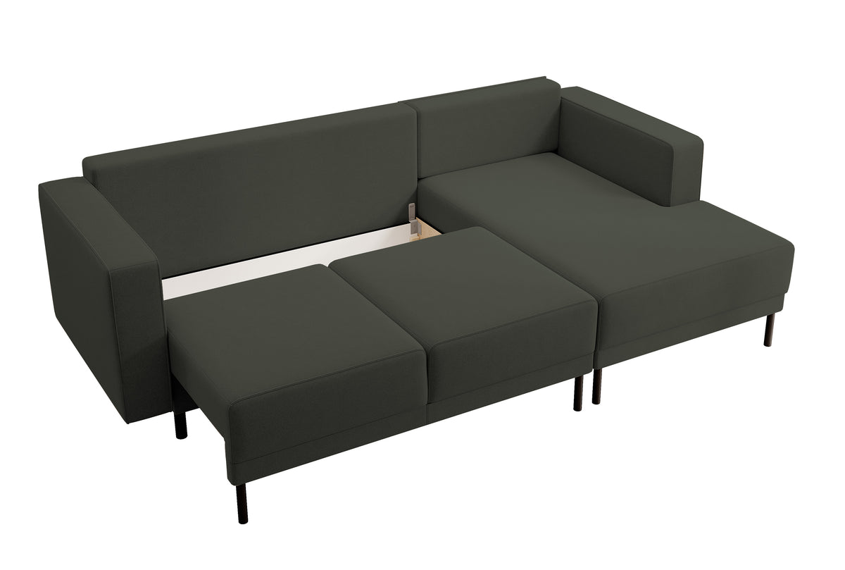 Canapé d'angle avec fonction couchage Rodario mini en L, avec rangement, velours olive facile à nettoyer, version droite