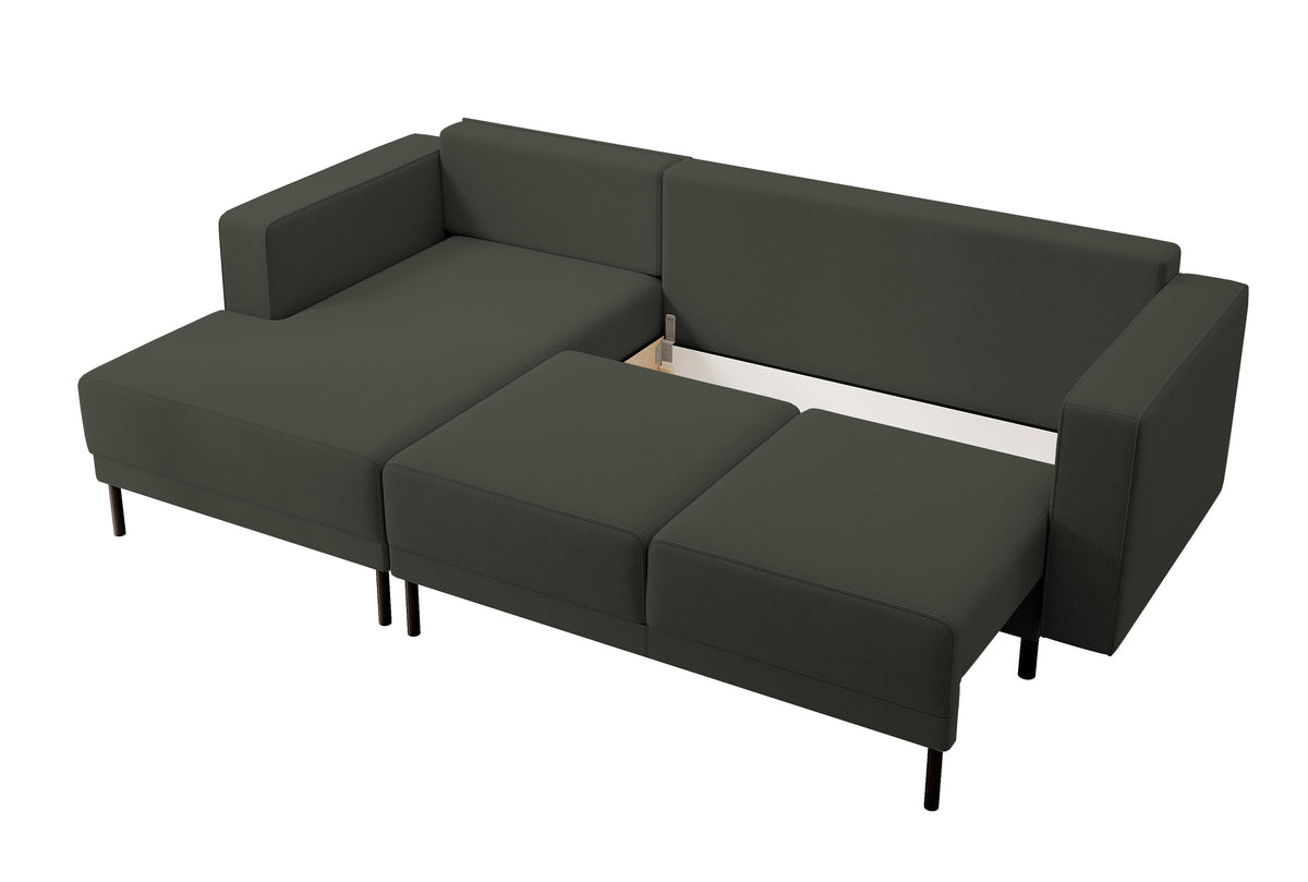 Canapé d'angle avec fonction couchage Rodario mini en velours olive facile à nettoyer, rangement, version gauche
